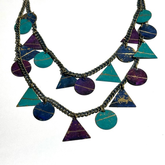 Vintage Purple Teal Blue Necklace Weathered Painted Brass Geometric Shapes 1980s - Picture 2 of 7